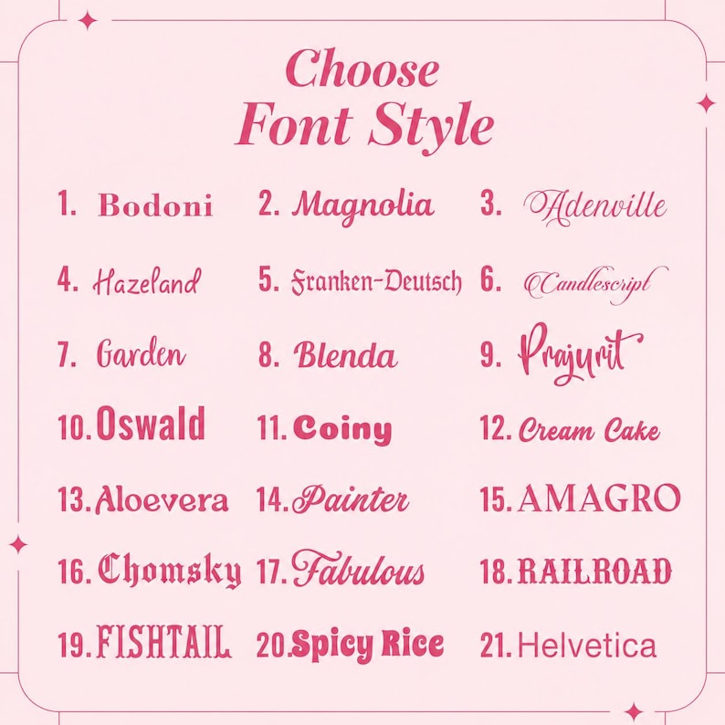 May include: A light pink chart titled Choose Font Style featuring a numbered list of twenty-one distinct typography options including Bodoni, Magnolia, Adenville, Hazeland, Franken-Deutsch, Candlescript, Garden, Blenda, Prajurit, Oswald, Coiny, Cream Cake, Aloevera, Painter, AMAGRO, Chomsky, Fabulous, RAILROAD, FISHTAIL, Spicy Rice, and Helvetica.