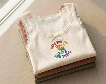 Embroidered Pride Tank Top, Here for the Girls, Gays, and Theys Tanktop, LGBT Ally, Protest Shirt, Gay Pride, Cropped Tank Top
