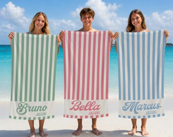 Personalized Retro Beach Towel: Custom Name, Vibrant Colors, Gift for Girl and Boy Summer Holiday