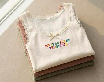 Embroidered Joy Is An Act Of Resistance Tank Top,Rainbow Pride Tanktop, LGBTQ Crop Top, LGBTQ Shirt