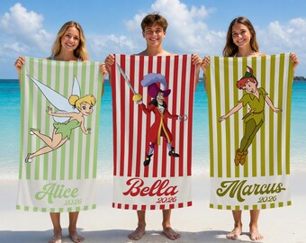 Custom Peter Pan Movie Characters Beach Towel, Disney Peter Pan Summer Beach Towel, Custom Disney, Kids towel, Summer Gift, Disneyland Trip