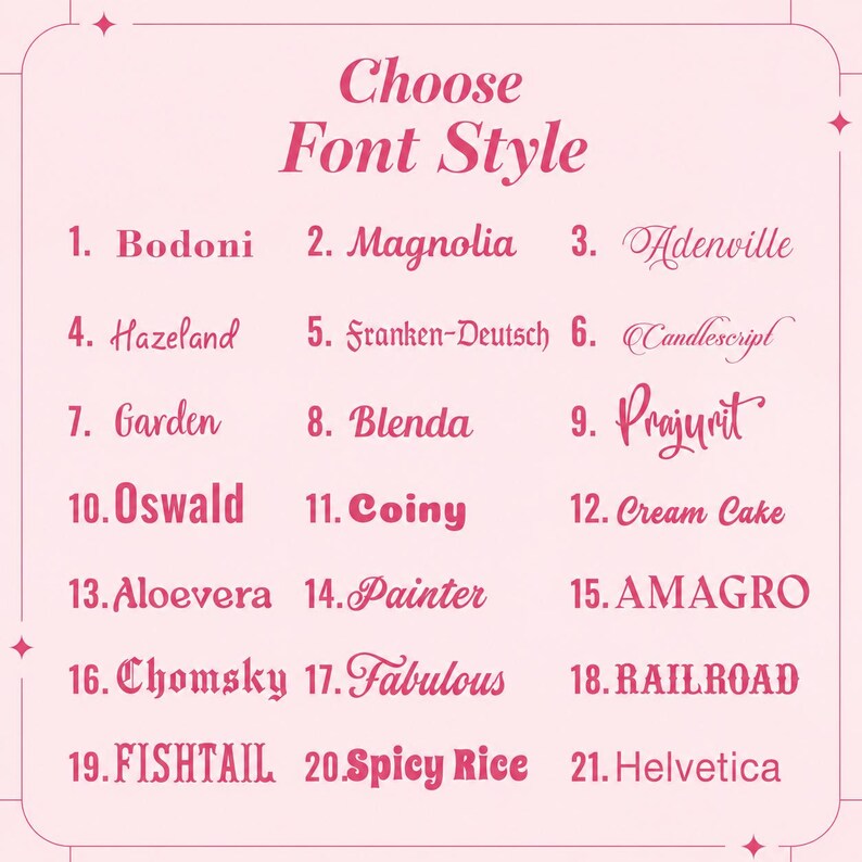 May include: A light pink chart titled Choose Font Style featuring a numbered list of twenty-one distinct typography options including Bodoni, Magnolia, Adenville, Hazeland, Franken-Deutsch, Candlescript, Garden, Blenda, Prajurit, Oswald, Coiny, Cream Cake, Aloevera, Painter, AMAGRO, Chomsky, Fabulous, RAILROAD, FISHTAIL, Spicy Rice, and Helvetica.