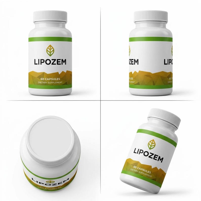 May include: White plastic supplement bottle with a white lid. The bottle has a green and gold label with the word "LIPOZEM" and the text "60 Capsules Dietary Supplement". The label features a leaf design.