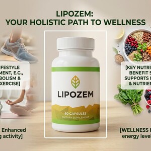 May include: A white bottle of LIPOZEM capsules with a green and yellow label. The label includes the text "60 CAPSULES DIETARY SUPPLEMENT". The image also includes text about wellness and healthy living.