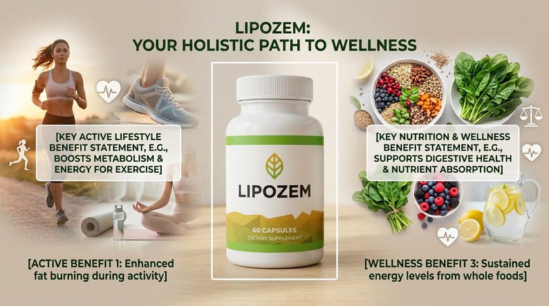 May include: A white bottle of LIPOZEM capsules with a green and yellow label. The label includes the text "60 CAPSULES DIETARY SUPPLEMENT". The image also includes text about wellness and healthy living.