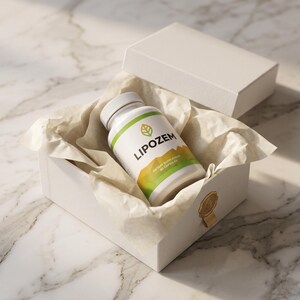 May include: A white bottle of "LIPOZEM" dietary supplement with a green and yellow label, nestled in a white gift box with tissue paper. The box is open, revealing the bottle. The background is a marble surface.