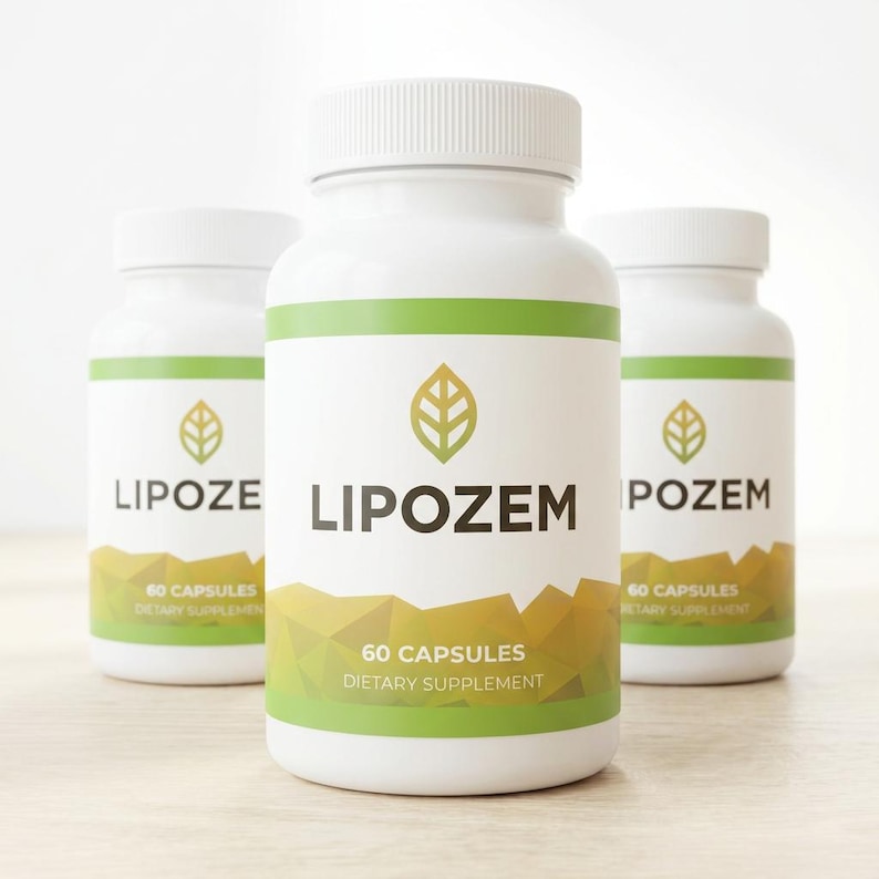 May include: Three white supplement bottles with green and gold labels. The labels read "LIPOZEM" and "60 CAPSULES DIETARY SUPPLEMENT". Each bottle has a white cap and a gold leaf logo.