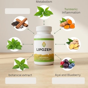 May include: A white bottle of "LIPOZEM" dietary supplement with a green and gold label. The image features green tea leaves, turmeric, ginger, acai berries, blueberries, cinnamon sticks, and black peppercorns. The text on the bottle reads "60 CAPSULES DIETARY SUPPLEMENT".