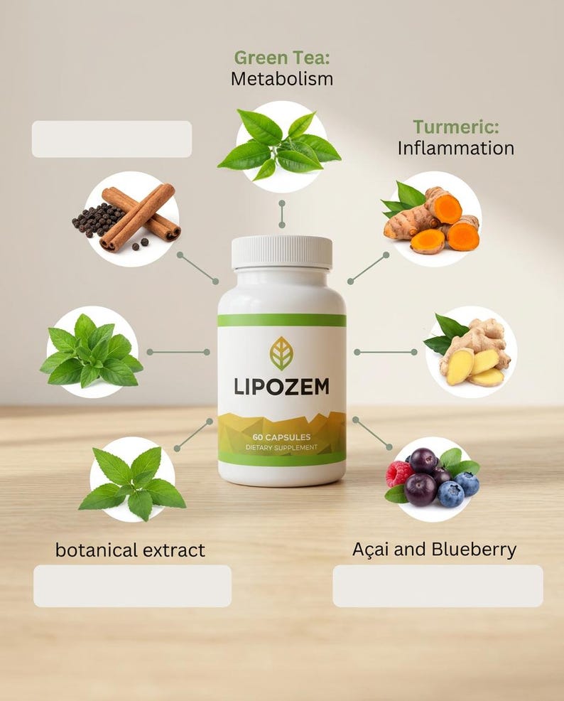 May include: A white bottle of "LIPOZEM" dietary supplement with a green and gold label. The image features green tea leaves, turmeric, ginger, acai berries, blueberries, cinnamon sticks, and black peppercorns. The text on the bottle reads "60 CAPSULES DIETARY SUPPLEMENT".