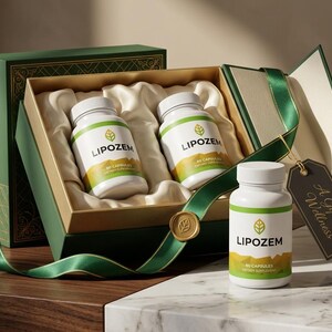 May include: A gift box with two white supplement bottles labeled "LIPOZEM" and a third bottle in front. The box is green with gold accents and a green ribbon. A tag reads "A Gift of Wellness."