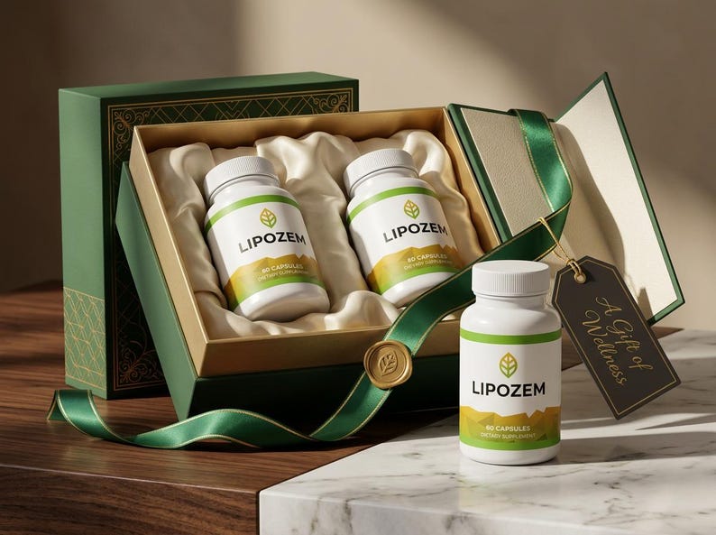 May include: A gift box with two white supplement bottles labeled "LIPOZEM" and a third bottle in front. The box is green with gold accents and a green ribbon. A tag reads "A Gift of Wellness."