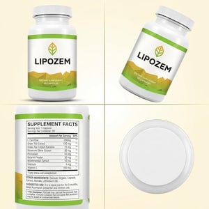 May include: White bottle of LIPOZEM dietary supplement with a green and gold label. The label includes the product name, a leaf logo, and the text "60 Capsules." The supplement facts are also visible.
