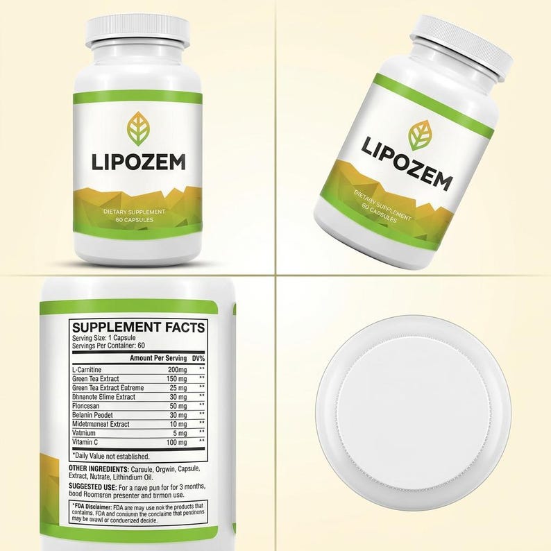 May include: White bottle of LIPOZEM dietary supplement with a green and gold label. The label includes the product name, a leaf logo, and the text "60 Capsules." The supplement facts are also visible.