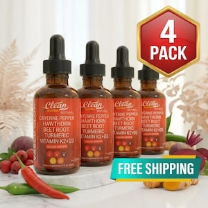 May include: Four bottles of Clean Nutra liquid drops, featuring cayenne pepper, hawthorn, beet root, turmeric, and Vitamin K2+D3. The bottles are amber-colored with black droppers, and the label is red and white. A red "4 PACK" sign is in the background.