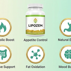 May include: A white bottle of LIPOZEM dietary supplement with a green and gold label. The image includes icons and text for Metabolic Boost, Appetite Control, Natural Energy, Digestive Support, Fat Oxidation, and Mood Balance. The background is a gradient of green and white.