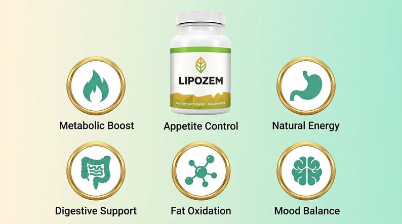 May include: A white bottle of LIPOZEM dietary supplement with a green and gold label. The image includes icons and text for Metabolic Boost, Appetite Control, Natural Energy, Digestive Support, Fat Oxidation, and Mood Balance. The background is a gradient of green and white.