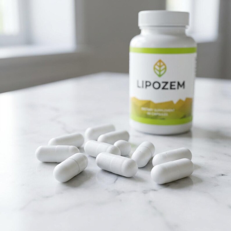 May include: A white bottle of "LIPOZEM" dietary supplement with a green and yellow label, next to several white capsules. The capsules are scattered on a white marble surface. The bottle has a white cap.
