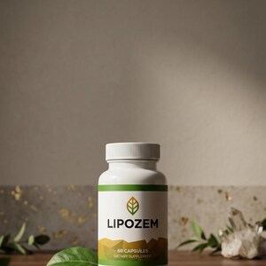 May include: A white bottle of "LIPOZEM" dietary supplement capsules. The bottle has a green and gold label with the text "60 CAPSULES" and a leaf design. The bottle is on a wooden surface with leaves and a crystal in the background.