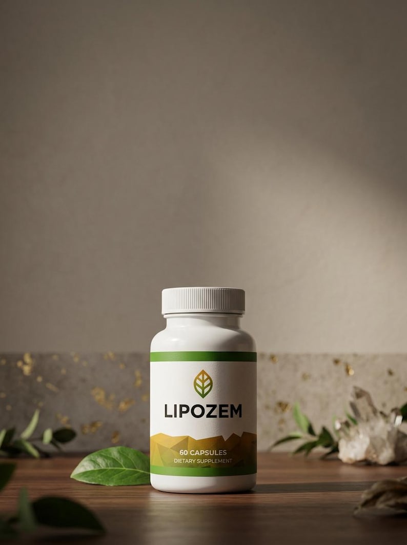 May include: A white bottle of "LIPOZEM" dietary supplement capsules. The bottle has a green and gold label with the text "60 CAPSULES" and a leaf design. The bottle is on a wooden surface with leaves and a crystal in the background.