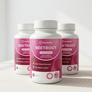 May include: Three white supplement bottles with pink labels are displayed. The labels read "BEETROOT Dietary Supplement" and include the Rosabella logo. The bottles contain 60 capsules and assist athletic performance and healthy circulation.