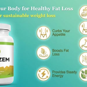 May include: A white bottle of LIPOZEM dietary supplement with a green and yellow label. The image includes text: Nourish Your Body for Healthy Fat Loss, Strategies for sustainable weight loss. Icons highlight benefits like curbing appetite and boosting metabolism.