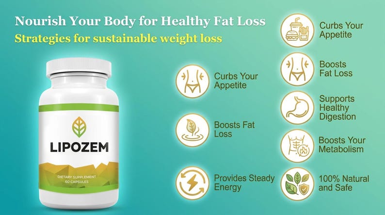 May include: A white bottle of LIPOZEM dietary supplement with a green and yellow label. The image includes text: Nourish Your Body for Healthy Fat Loss, Strategies for sustainable weight loss. Icons highlight benefits like curbing appetite and boosting metabolism.