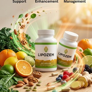 May include: Two white supplement bottles labeled "LIPOZEM" with a green leaf logo, alongside fresh fruits, nuts, and capsules. The image includes text indicating "Metabolism Support," "Energy Enhancement," and "Weight Management."