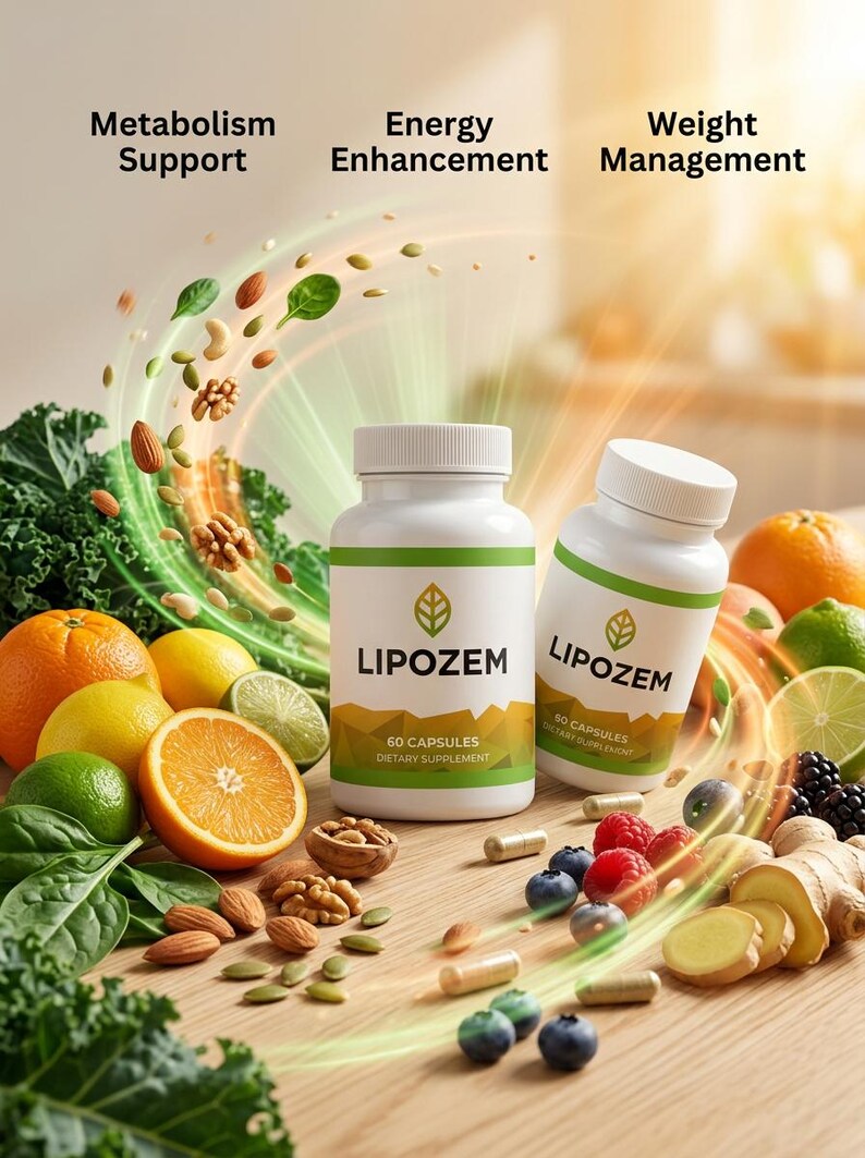 May include: Two white supplement bottles labeled "LIPOZEM" with a green leaf logo, alongside fresh fruits, nuts, and capsules. The image includes text indicating "Metabolism Support," "Energy Enhancement," and "Weight Management."