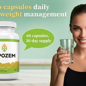 May include: A white bottle of LIPOZEM dietary supplement with a green and gold label. The image includes the text "Take two capsules daily for easy weight management." A woman holds a glass of water and a capsule.