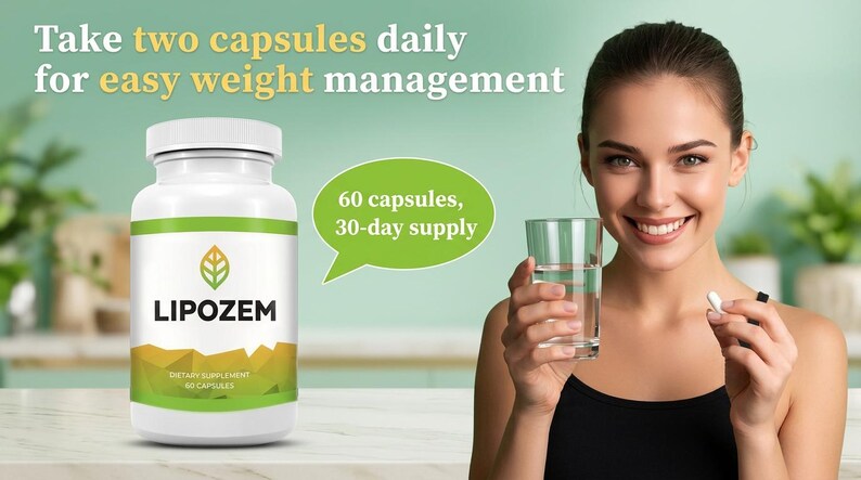 May include: A white bottle of LIPOZEM dietary supplement with a green and gold label. The image includes the text "Take two capsules daily for easy weight management." A woman holds a glass of water and a capsule.