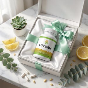 May include: A white gift box with a satin lining and a light green ribbon holds a bottle of LIPOZEM dietary supplement. The bottle is white with a green and yellow label. Sliced lemons, a succulent plant, and capsules are also present.