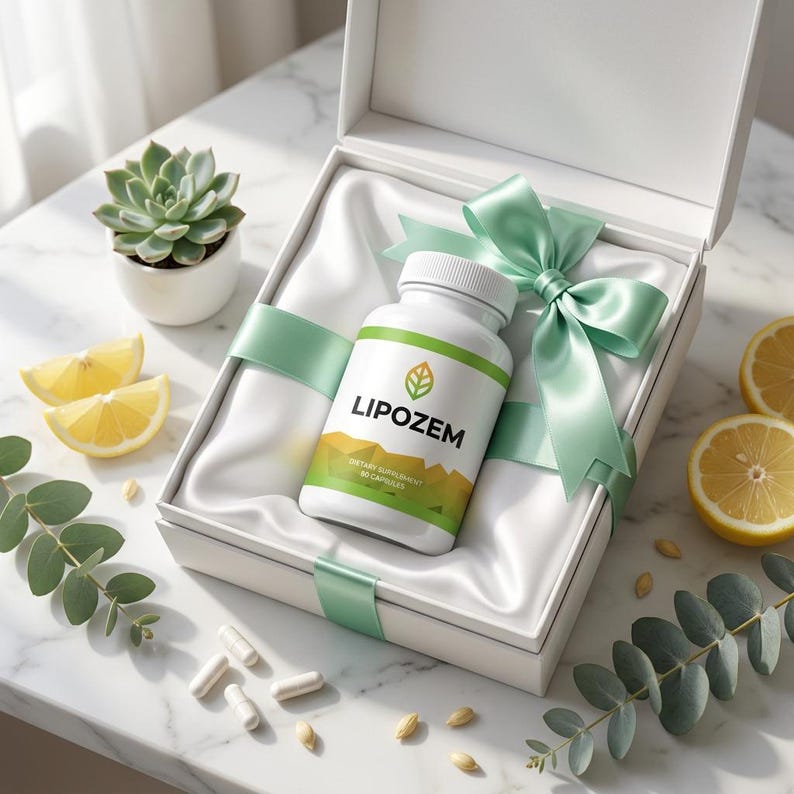 May include: A white gift box with a satin lining and a light green ribbon holds a bottle of LIPOZEM dietary supplement. The bottle is white with a green and yellow label. Sliced lemons, a succulent plant, and capsules are also present.
