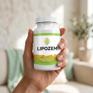 May include: A white bottle of LIPOZEM dietary supplement capsules. The bottle has a green and gold label with the brand name and a leaf logo. The bottle is held in a hand with manicured nails. The label also states "60 capsules".