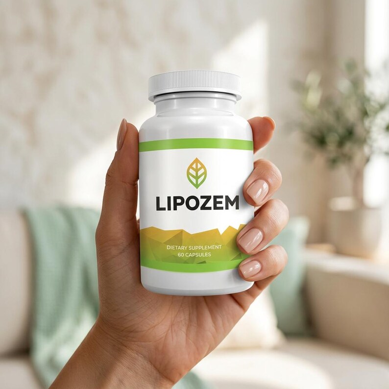 May include: A white bottle of LIPOZEM dietary supplement capsules. The bottle has a green and gold label with the brand name and a leaf logo. The bottle is held in a hand with manicured nails. The label also states "60 capsules".