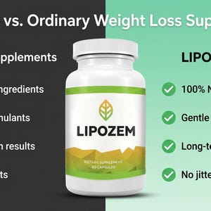 May include: A white bottle of LIPOZEM dietary supplement with a green and yellow label. The image compares LIPOZEM to ordinary weight loss supplements, highlighting its natural formula and benefits. Text includes "100% Natural Formula" and "Long-term fat loss."