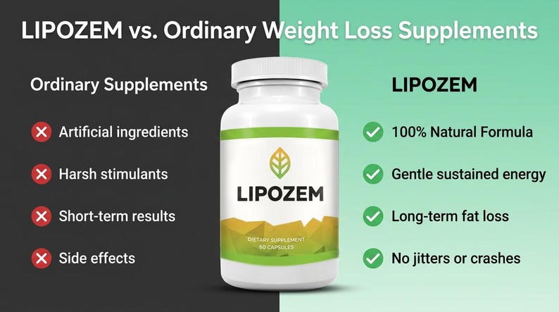 May include: A white bottle of LIPOZEM dietary supplement with a green and yellow label. The image compares LIPOZEM to ordinary weight loss supplements, highlighting its natural formula and benefits. Text includes "100% Natural Formula" and "Long-term fat loss."
