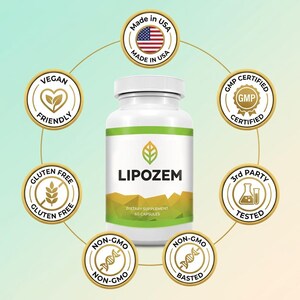 May include: A white bottle of LIPOZEM dietary supplement with a green and yellow label. The bottle is surrounded by circular badges indicating it is vegan-friendly, gluten-free, non-GMO, and 3rd party tested. The product is made in the USA.