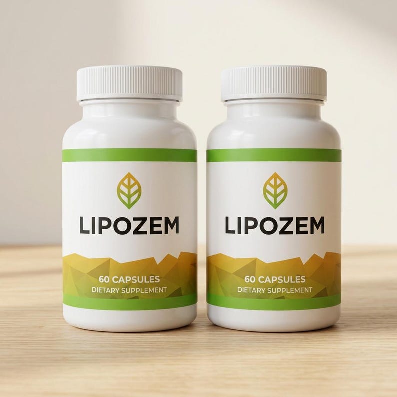 May include: Two white supplement bottles with green and gold labels. The labels read "LIPOZEM" in bold black letters, with a leaf logo above. Below the name, it says "60 CAPSULES" and "DIETARY SUPPLEMENT". The bottles have white caps.