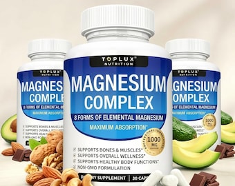 3 Bottles Magnesium Complex Supplement 8 Elemental 1000mg - Magnesium Glycinate, Citrate, Malate, Taurate, Easy Absorption for Bones