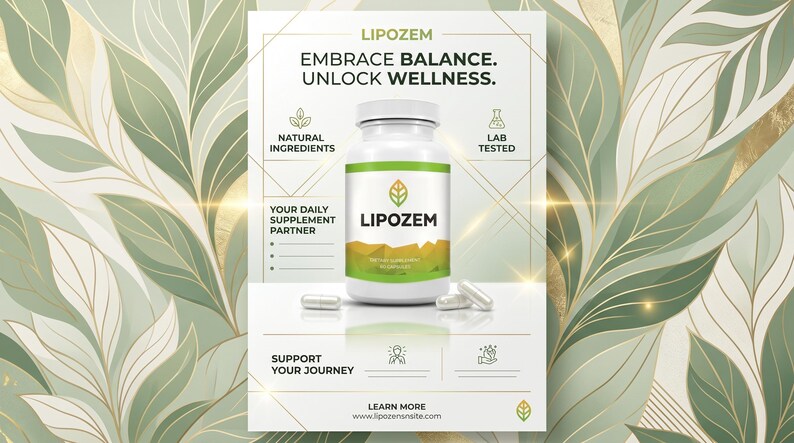 May include: A product advertisement featuring a white bottle of LIPOZEM supplements with a green and yellow label. The text reads "EMBRACE BALANCE. UNLOCK WELLNESS." and "NATURAL INGREDIENTS." Several capsules are visible. The background has a green and gold leaf design.