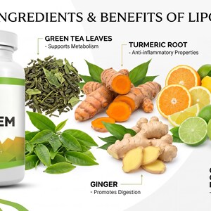May include: A white bottle of LIPOZEM dietary supplement with 60 capsules, featuring key ingredients like green tea leaves, turmeric root, citrus fruits, ginger, and Garcinia Cambogia fruit. The image highlights the benefits of each ingredient.