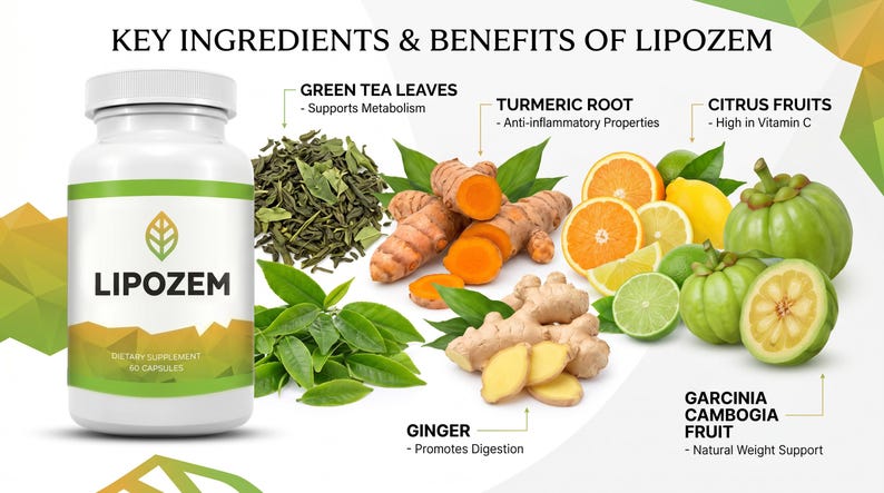 May include: A white bottle of LIPOZEM dietary supplement with 60 capsules, featuring key ingredients like green tea leaves, turmeric root, citrus fruits, ginger, and Garcinia Cambogia fruit. The image highlights the benefits of each ingredient.