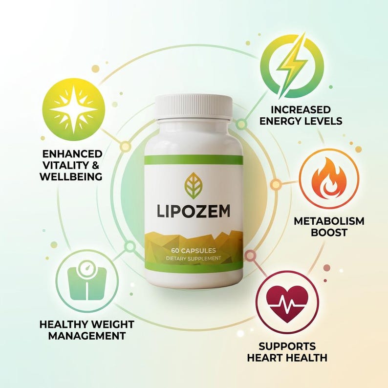 May include: A white bottle of LIPOZEM capsules with a green and yellow label. The label indicates 60 capsules and dietary supplement. The image includes graphics highlighting benefits: enhanced vitality, increased energy, metabolism boost, healthy weight management, and heart health support.