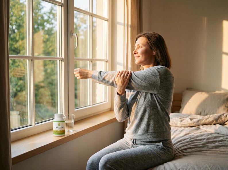 May include: A woman in gray activewear stretches near a window. A white bottle with a green and yellow label, and a glass of water sit on the windowsill. The window overlooks a green, leafy outdoor scene.