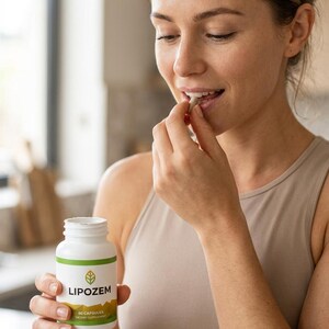 May include: A woman holding a white bottle of "LIPOZEM" capsules, with a green label and leaf logo. She is about to take a capsule. The woman is wearing a beige tank top.