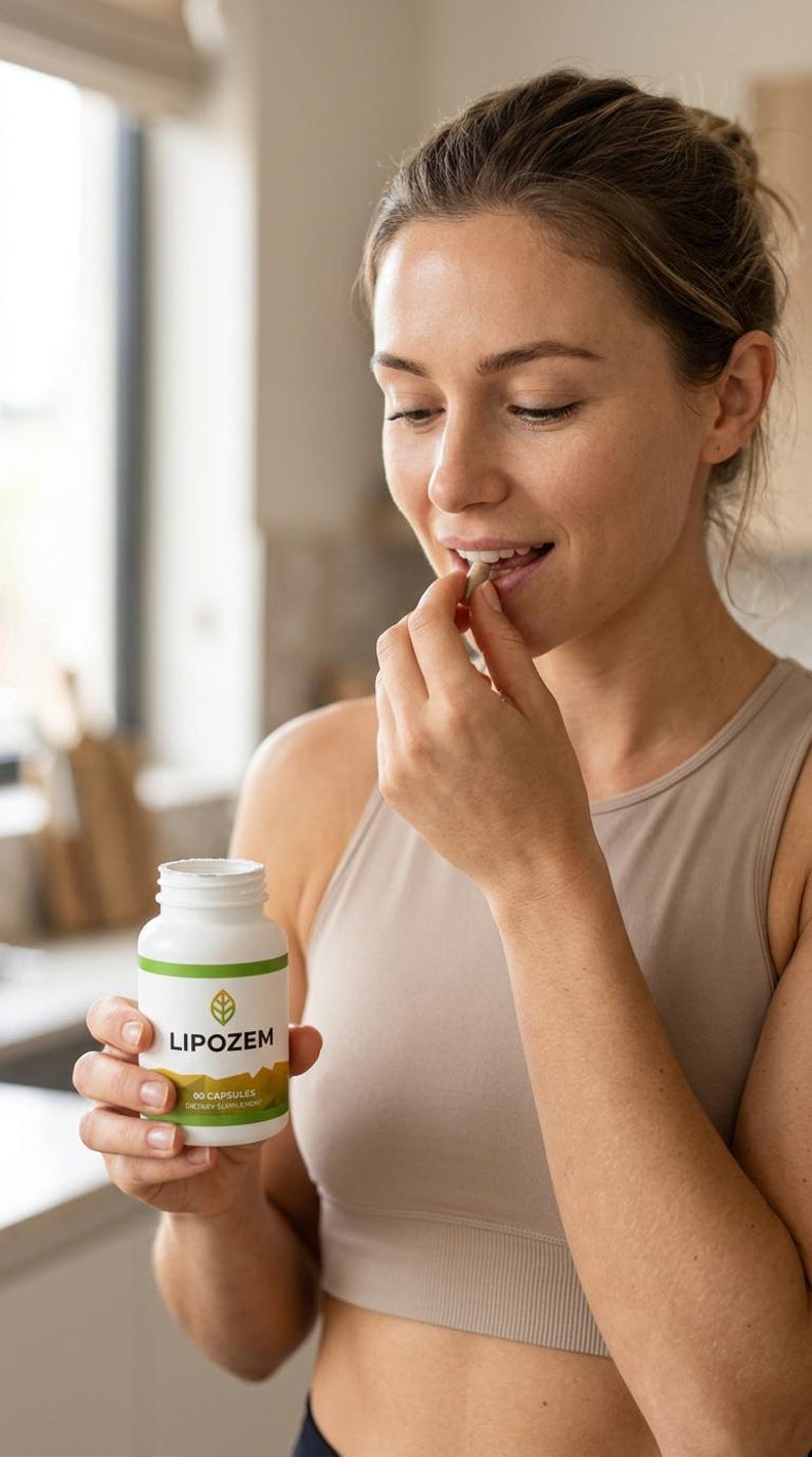 May include: A woman holding a white bottle of "LIPOZEM" capsules, with a green label and leaf logo. She is about to take a capsule. The woman is wearing a beige tank top.