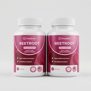 May include: Two white supplement bottles with pink labels. The labels read "Rosabelle BEETROOT Dietary Supplement" with text indicating 40-day supply and 1000MG per serving. The bottles also state they support athletic performance and aid healthy circulation.
