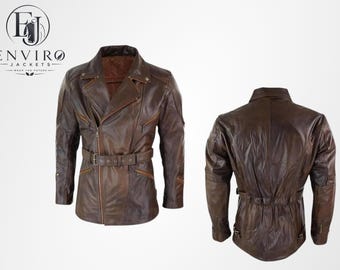 Manteau 3/4 mi-long vintage pour homme en cuir véritable avec ceinture Cafe Racer, veste motard marron classique automne-hiver en cuir véritable