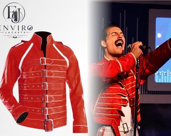 Veste de costume de style motard en cuir rouge avec ceinture pour concert Queen Band Freddie Mercury Wembley, veste de cosplay de légende du rock rock 1986