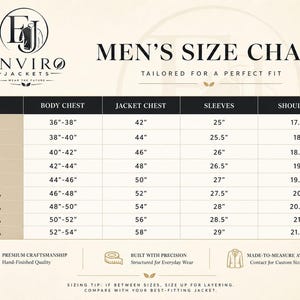Peut inclure: Tableau des tailles de vestes pour hommes, con&ccedil;u pour un ajustement parfait. Les tailles vont de XS &agrave; 5XL, avec des mesures en pouces pour le tour de poitrine, le tour de veste, les manches et les &eacute;paules. Logo Enviro Jackets en haut.
